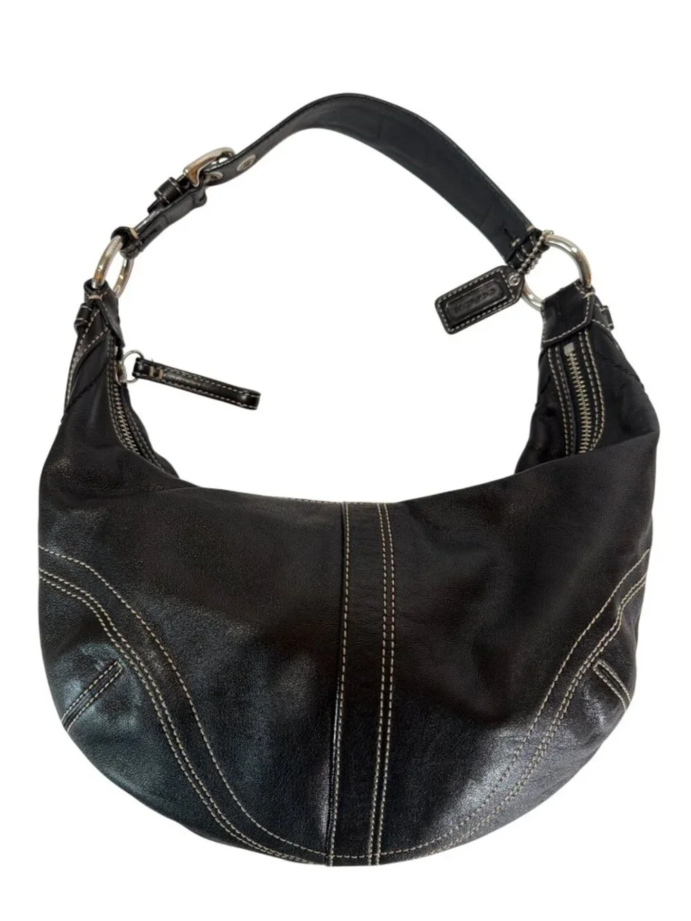 Coach Vintage Y2K Black Leather Soho Hobo Crescent Bag With White Contrast Stitc